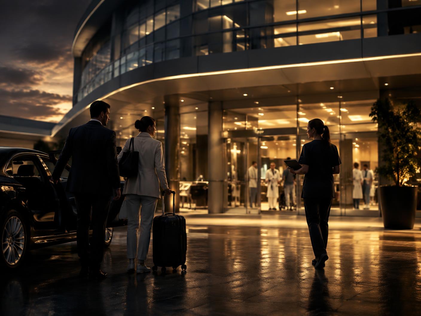 International visitors arriving at a modern hospital
